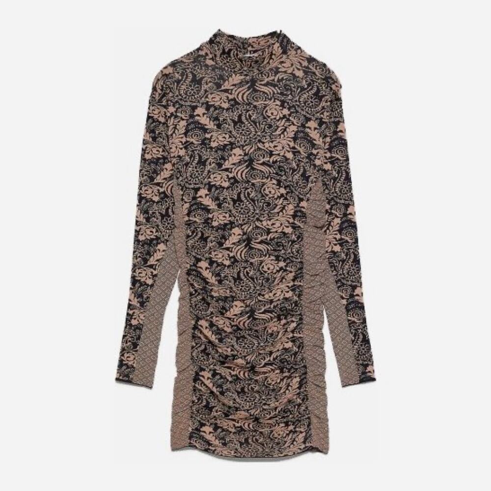 ZARA Floral Jacquard Knit Draped Ruched Dress